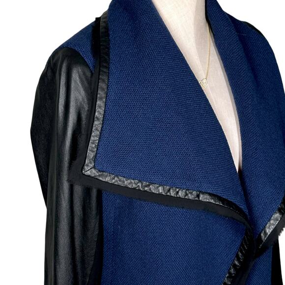 VINCE Wool Blend Moto Leather Knit Jacket Wide Lapel Coat Raw Trim Drape Blue - Picture 6 of 15